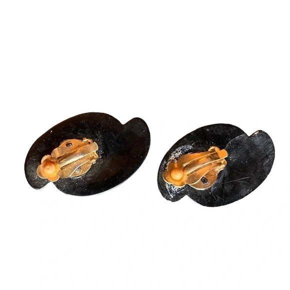 BAKELITE Vintage 1940s Licorice Black Clip-on Art Deco Design Earrings TESTED - Picture 3 of 4